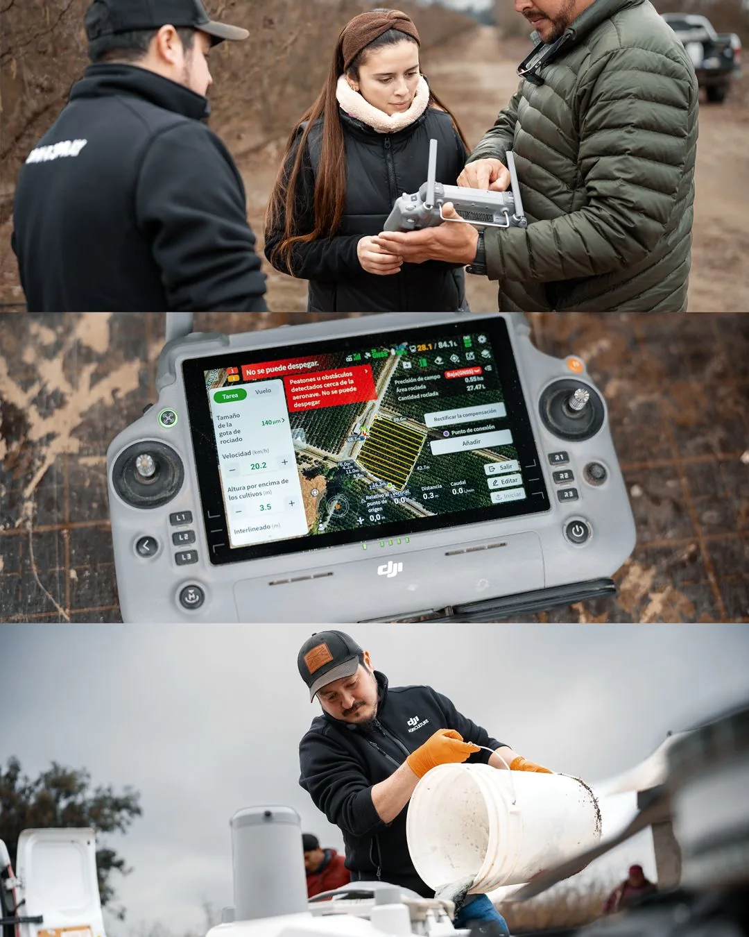 Equipo de I+D de Dronespray® en ensayo de campo con dron y control DJI